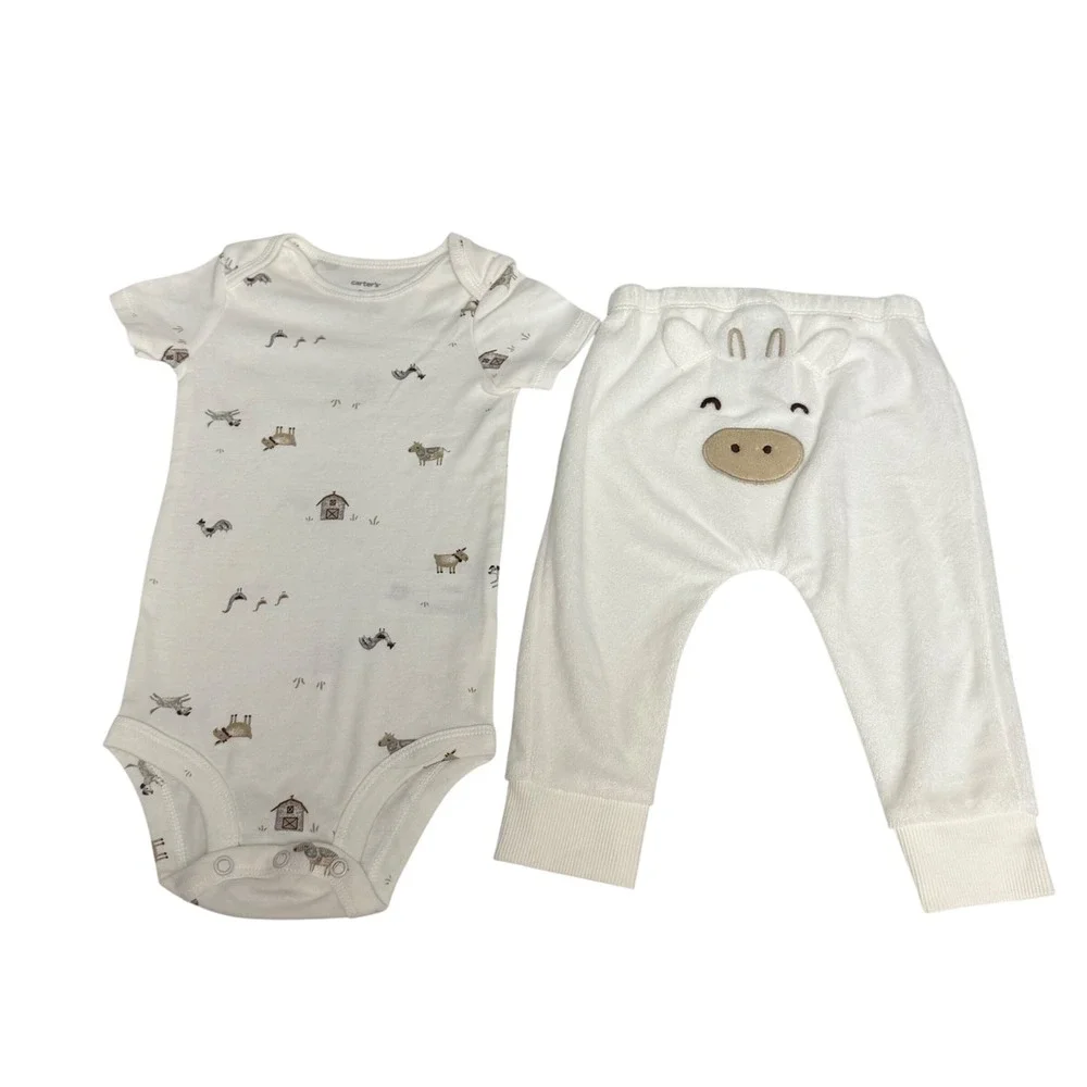Carters Baby 9 Months Farm Animal Bodysuit and Velour Cow Pants Set White Cotton